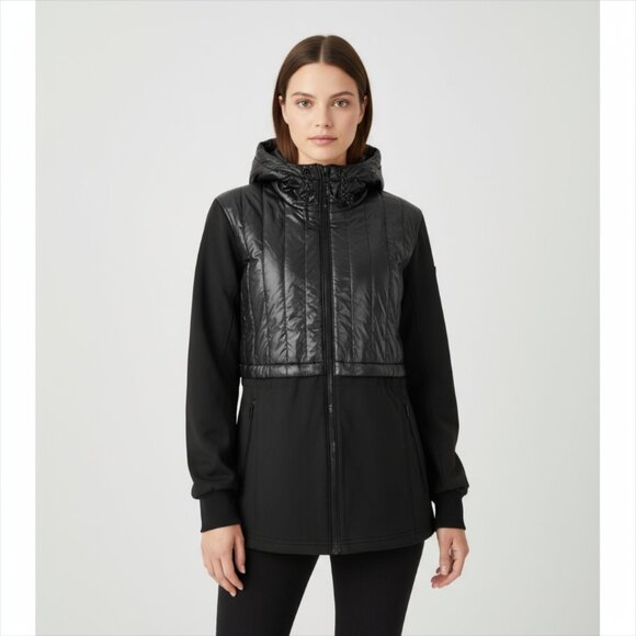 Guess Black Puffer and Softshell Hooded Parka Jacket Women's Size XL - Picture 1 of 10